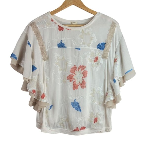Anthropologie Tiny Boho Embroidered Top Cream Medium Cross Stitch Floral Flutter - Picture 1 of 8